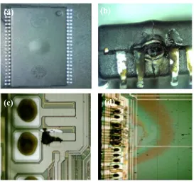 Figure 2: Electrical over-stress phenomena. (a) Bulging of package, (b) Burnt or crack package, (c) Burnt Metal and (d) heat stressed silicon