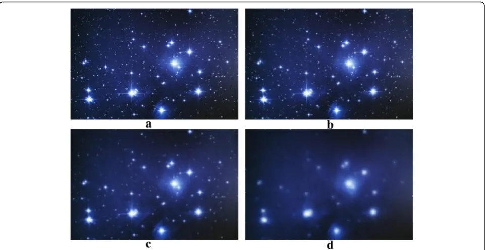 Fig. 8 Robust smoothing of color Pleiades image for n = 5. a Original image, b RF (λ = 0.25), c AMD (λ = 0.25), and d FORADF (λ = 1)