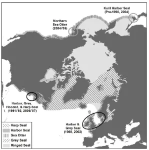 Figure 4. North polar azimuthal equidistant projection showing the location of 1988 and 2002 PDV epidemics in the northeastern Atlantic (lower right black oval); two mortality events in the northwestern Atlantic in which PDV infection was confirmed (left b
