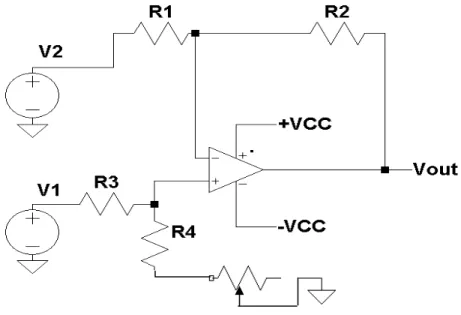 Figure 7.  A difference amplifier with a variable resistor to optimize the resistors used