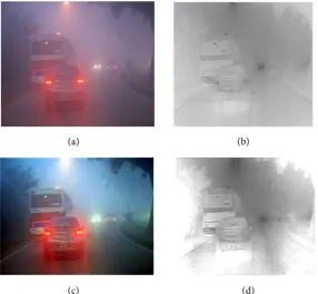 Figure 2. The proposed dehazing scheme effectively reconstructs the scene depth, essen-tially restoration depth information within the scene (a) Haze input image; (b) Depth-map of haze image; (c) Dehazed image; (d) Transmission map of dehazed image