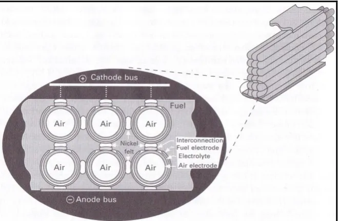 Figure 2.2: Schematic of cell-to-cell connection in a cathode-supported tubular SOFC stack (Huang & Goodenough 2009) 