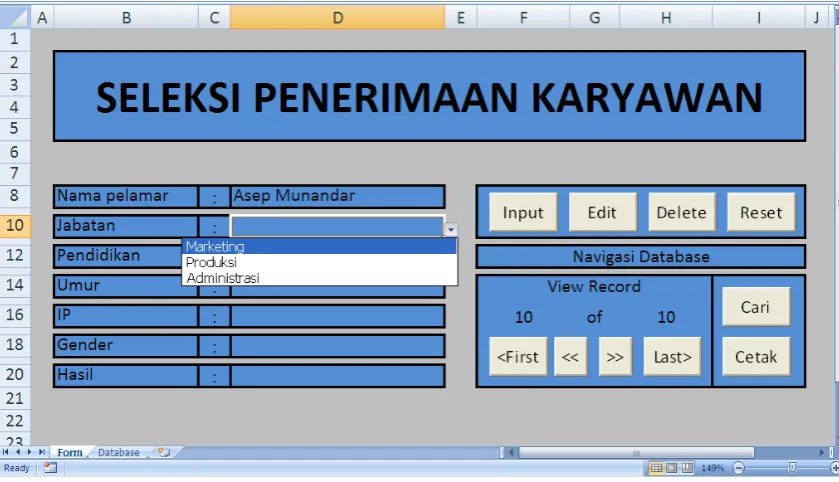 Figure 8.  Input data in a program created using Excel - the data entered is stored in a separate spreadsheet 