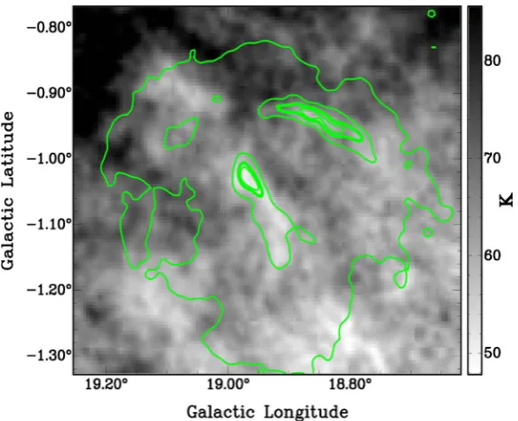 Figure 3. Combined HI channel maps +18.32 to +23.27 km∙s−1 for the SNR G18.9-1.1. 1420 MHz continuum contour lines are in green at 17.5, 25, 30 & 32 K
