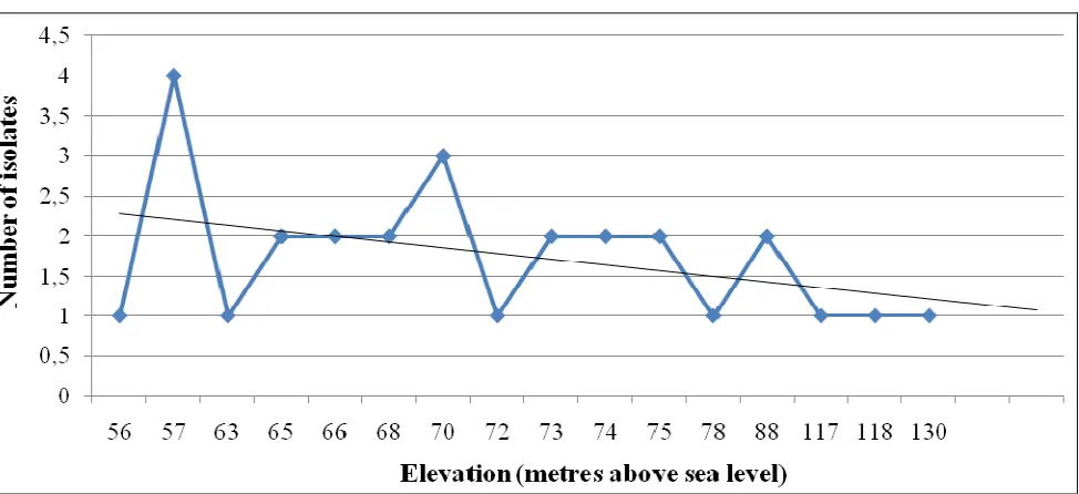 Figure 3. Elevation wise variation in bacterial isolates (on an average data). 