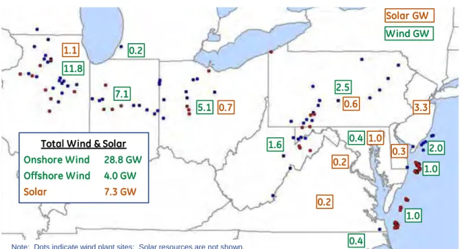 Figure 1: PJM Wind and Solar Capacity by State for 14% RPS Scenario 