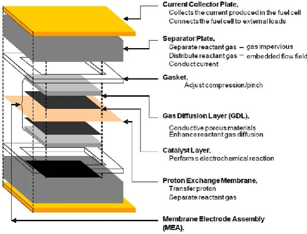 Figure 1.2: Schematic of Membrane Electrode Assembly (MEA) in PEMFCs (Iranzo, 2017) 