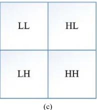 Figure 3.  (a) Original Input Image (b) Image after forward IWT row processing (c) Image after forward IWT column processing 