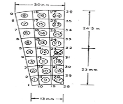 Figure 3.  Slice of armature iron and winding bounded by planes at mid-slot and mid-tooth divided into arch-shaped finite elements