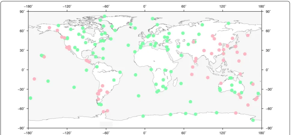 Fig. 1 Map of the selected IGS core sites. Pink circles denote the stations affected by large earthquakes as reported by ITRF2014 IGS discontinuities file
