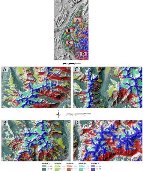 Figure 4: Example of modelling results for all compartments mapped together: (A) North Belledonne; (B) Lac Blanc area; (C) Lac du Vallon area (D) part of Ecrins’ National Parc