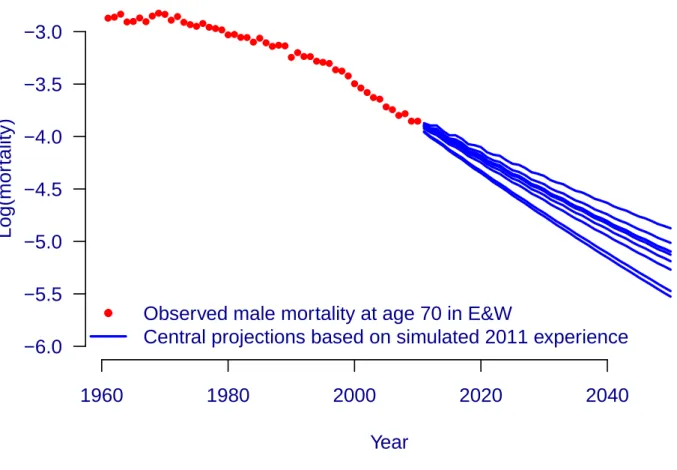 Figure 5. One-year approach to longevity risk. Experience data for 2011 are simulated using sample paths from an ARIMA(3, 1, 3) process and the Lee-Carter model is refitted each time the 2011 data are simulated
