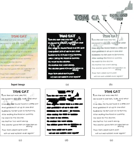 Figure 9. Result at each stage using proposed algorithm. (a) candidate text regions, (b) verified text regions, (c) extracted  foreground text with noisy areas, (d) detection of noisy text segments (c=0.5), (e) extracted foreground text after reprocessing 
