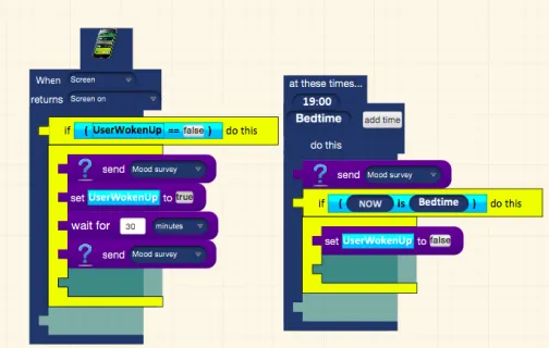 Fig. 4: Replication of the ESM study from Kramer et. al [5](left) as a visual speciﬁcation and an example question in the“Survey creator” pane (right)