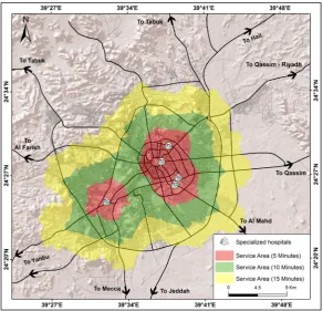 Figure 6. Accessibility to public hospitals based on service area analysis. 