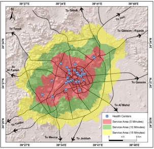Figure 8. Accessibility to health centers based on service area analysis. 
