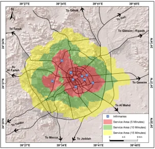 Figure 9. Accessibility to infirmaries based on service area analysis. 