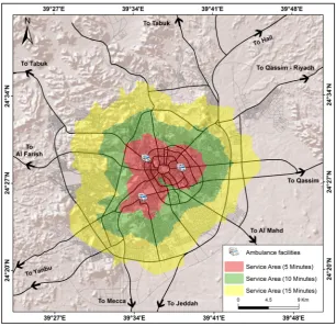 Figure 10. Accessibility to ambulance facilities based on service area analysis. 