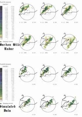 Figure 5.1: Comparison of radar data and model simulation. Top: Selected images 