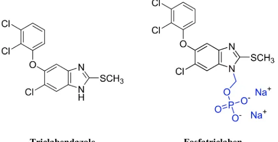 Figure 1. Structure of triclabendazole and fosfatriclaben. 
