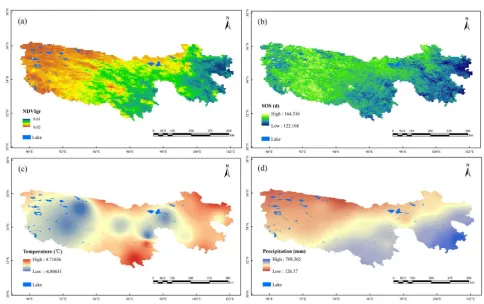 Figure 3. Spatial distribution of the mean NDVIgr (a), SOS (b), air temperature (c) and precipitation (d) during 1982-2015