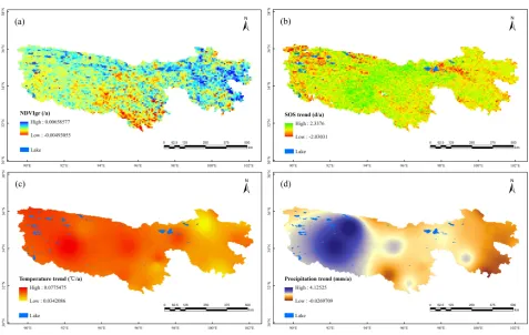 Figure 4. Spatial distribution of NDVIgr (a), SOS (b), air temperature (c) and precipitation (d) from 1982 to 2015
