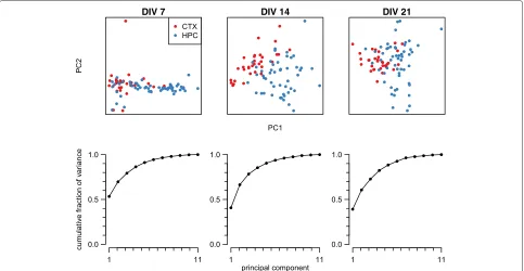 Figure 4 Principal component analysis of hippocampal and cortical feature vectors.of the 11-dimensional feature vectors of all recordings at a given age (daysdown into the two dimensions that account for maximal variance and is coloured according to its ce