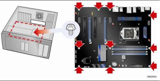 Figure 8 shows the location of the mounting screw holes for Intel Desktop Board  DP67BG