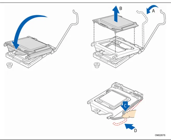 Figure 13.  Secure the Load Plate in Place  8.  Pick up the socket cover and remove it from the desktop board
