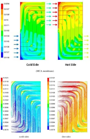 Figure 6.  Mass fraction (kgv/kg) contours and path lines of membrane’s sides at 5 m/s 