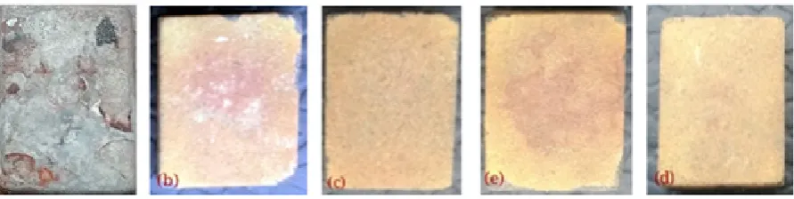 Figure 1.  Visual inspected images of (a) uncoated, (b) Al2O3 (c) Al2O3 - 3 wt.% TiO2, (d) Al2O3 - 13 wt.% TiO2, and (e) Al2O3 - 20 wt.% TiO2 coated substrates 