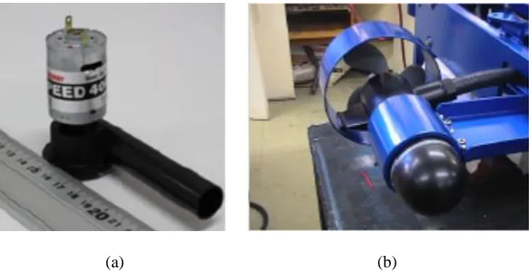 Figure 2.6: Some examples of AUV thrusters (Lin and Guo, 2012; Gonzalez, 2004); (a) Centrifugal thrusters with nozzle, (b) rotary blade propeller  