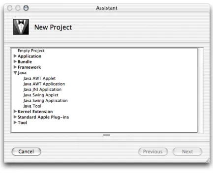 Figure 1-1 shows the New Project pane of the Project Builder Assistant, listing the Java project templates you can use to develop applications