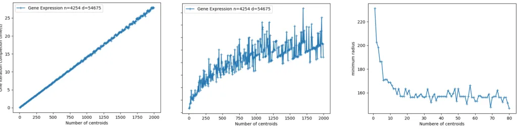 Fig. 8. (1) One iteration execution time and (2) total execution time for gene expression dataset ONCOLOGY and LEukemia; (3) The evaluationfunction r′(k) to determine the optimal k value.