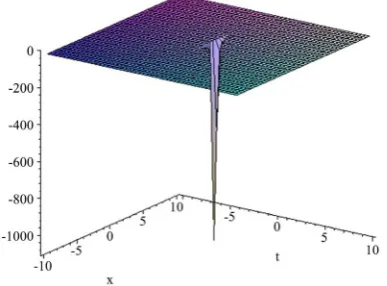 Figure 1. The three-dimensional picture of the exact solution (25) of Equation (1), and its projection at b=3,c=2,a=d=1,η0=3 and α =11