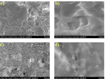 Figure 10. Results of SEM surface morphology of the ceramic membranes: a) Cell 0 (1.000x mag), b) Cell 0 (10.000x mag), c) Cell 5  (1.000x mag), d) Cell 5 (10.000x mag)  