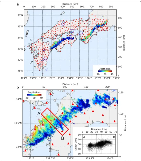 Fig. 6 Tremor locations using our proposed location method and the seismic station coverage for dots show the located tremor hypocenters, with the colors indicating their depths