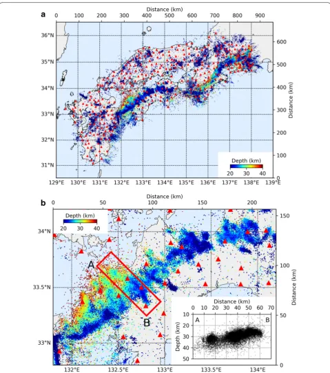 Fig. 8 Detected event distribution without the second criterion of outlier control which rejects an envelope when the cross-correlation with the template is below the threshold, Ctlim , for a western Japan and b western Shikoku