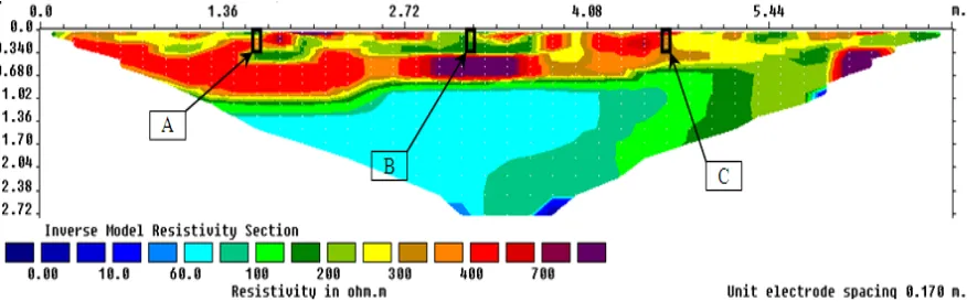 Figure 2.  Resistivity section with ERV point of extraction (based on location of soil sampling)