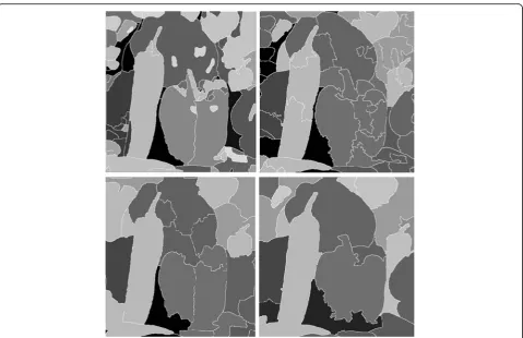 Fig. 7 Peppers image segmentation results (the upper left is the propose method, the upper right is the FCM method, the lower left is K-meansmethod, and the lower right is the KFCM method)