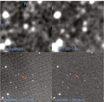 Figure 3. Multi-band images of WISE 0013+0634. The top two plots are WISE W2 and W1-band images on theleft and right respectively, with the source in the centre