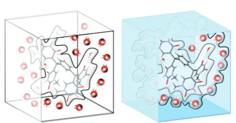 Fig. 5(left) Two-layered approach to the QM/MM method. The solutemolecule and a few water molecules are treated with QM (centre) and therest of the solvent system is represented by MM up to a user-defineddistance