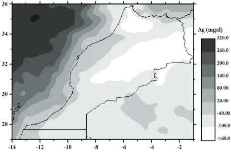 Figure 7. Gravity anomaly obtained from the Earth gravity model EGM2008, considering maximum degree and order equals to 30 (gridded to the same mesh size as Figure 6)