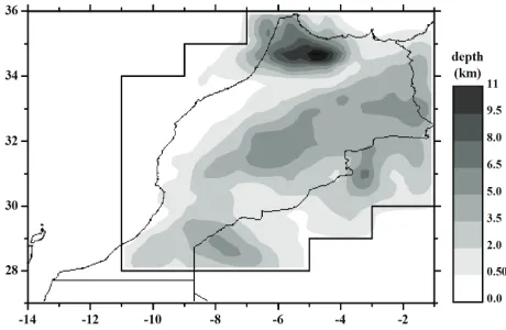 Figure 14. Thickness of the sedimentary cover (mesh size of 0.2º × 0.2º). 