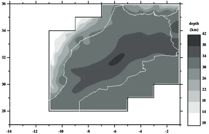 Figure 17. Moho depth predicted by Vening Meinesz’ the-ory (mesh size of 0.2º × 0.2º)