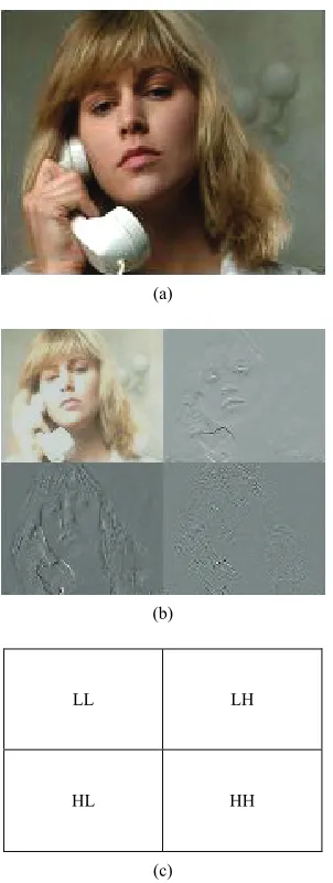 Figure 5. (a) a video frame; (b) two-dimensional Haar wave-let transform of the frame; (c) the corresponding bands