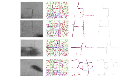 Fig. 7 Third set of results on shadowed cracks. We underline the proposed approach robustness with respect to shadows: original image (1crack detection after post-processing (4stcolumn), seeds and results of window level detection (2nd column), comparison between ground truth and image level detection (3rd column), fineth column)