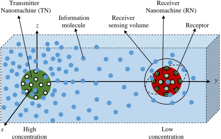 Figure 2.3: Diffusion-based molecular communication (DBMC) system [55]