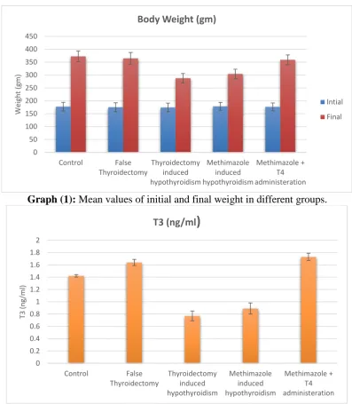Table (1): Initial and final Body weight, T3, T4, antioxidant, diameter of convoluted tubules and thickness of Bowman’s space among the different studied groups: 