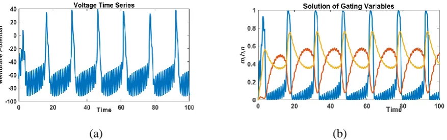 FIGURE 14: Magnified picture of figure 13 (responses of gating variables with a sinusoidal external current, I=5 sin 